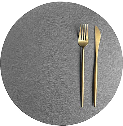 Rund Tischsets Abwaschbar, Zweifarbig Leder Kunstleder Platzset Wasserdicht Platzdeckchen Lederoptik für Hause Küche Restaurant und Hotel, 32cm (Dunkelgrau+Beige,6 Stück)