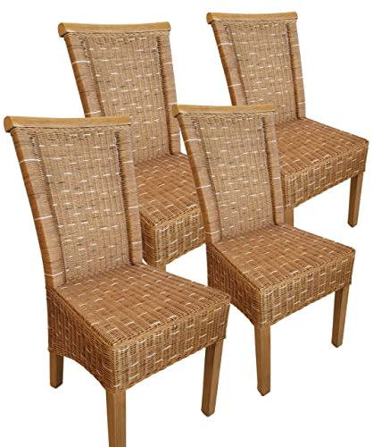 kreatives Wohnen Esszimmer-Stühle Set Rattanstühle Perth 4 Stück braun Sitzkissen Leinen weiß, Holz, Extra breit