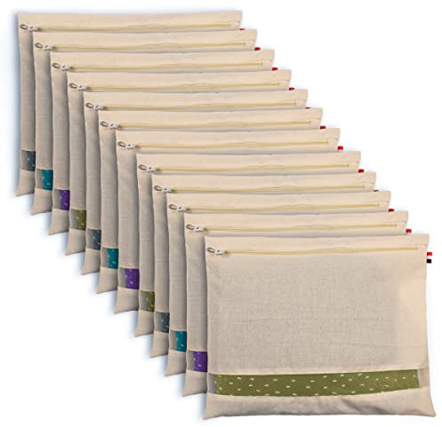 SOLSTICE Cotton Saree Bags, Covers for Storage Set with Zip Closure for Clothes Bags and Wardrobe Organizer with Transparent mesh window (16 x 14 Inches) (Pack 0f 12)