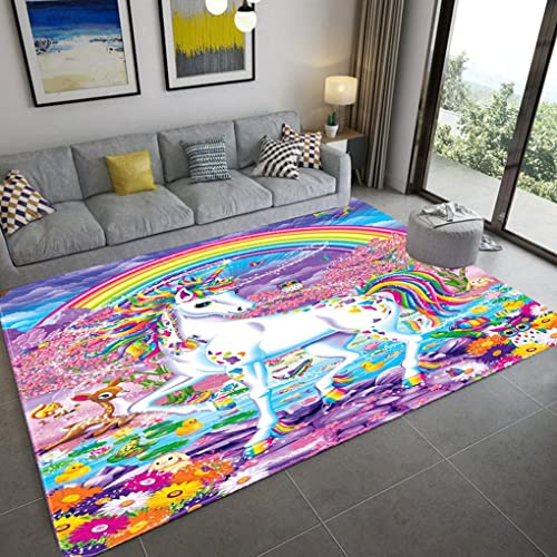 Mädchen Schlafzimmer Teppich 3D Einhorn Carpet Mädchen Zimmer Bodendekoration Rug Cartoon Kinderzimmer Krabbelmatte Flanell Memory Foam Teppich Geeignet für Wohnzimmer (160X200 cm, Bunt 1)