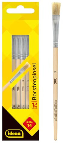 Idena 90099 - Pinceaux de soie, taille 14, avec manche en bois non verni, set de 12, Pinceaux de peinture pour écoliers Hobbykünstler