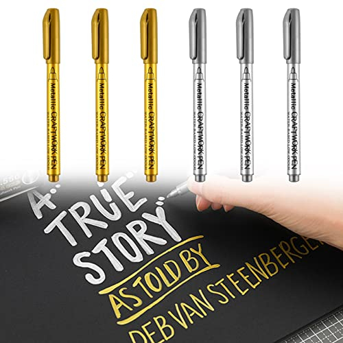 Metallic Marker Pens Kreidestifte,Glanzlackmarker,Permanent Marker Lackstifte Wasserfeste Stifte set,silber&Gold,für Gästebuch, Coloring Bücher DIY Photo Album Dekoration,Permanent Marke,6 PCS