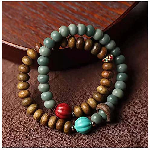 Lllunimon Schönes doppeltes Perlen Buddha -Armband Grün Sandelholz mit Bodhi Stretch Armband Meditation Gebet Mala Perlen