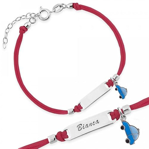 Sakrami Bracelet Argent 925 Enfant Cordon Rouge Machine Bleu Kids Collection Plaque Graveable + Boîte Cadeau Personnalisée - Bracelet de Naissance Communion ou Baptême