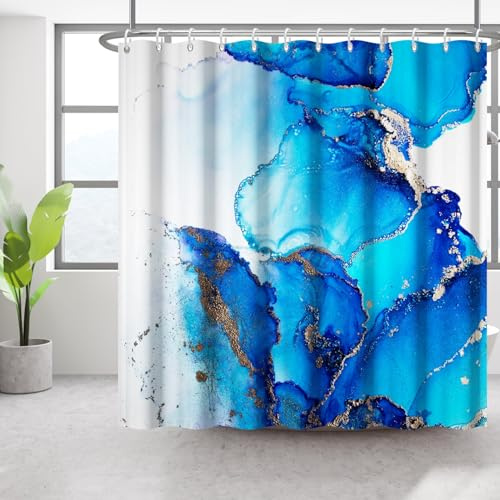 Bovlleetd Blauer Marmor Duschvorhang 180x180 cm Modern Abstrakt Küste Strand Blau Bad Vorhang Dekor Wasserdicht, Waschbar Polyester Badevorhänge mit 12 Haken für Badezimmer,Badewanne