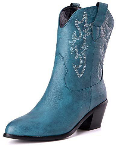 LIPIJIXI Stivali Cowgirl Stitched Polacchine per donne EmbroideBlue Stivali Cowboy Appuntito Blue Stivali Cowgirl Western Stitched Polacchine Size 35