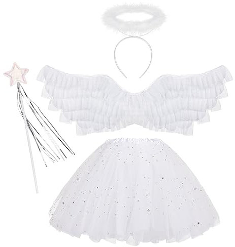 Disfraces de ángel para niñas, Falda tutú alas de ángel de Plumas Blancas y alas de ángel de Halo, Disfraz de Hada para niños Navidad Halloween Fiestas de Disfraces