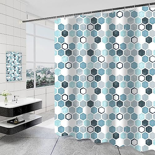 Lkw Ogechi Rideau de Douche Bleu 240cm Lavable et Anti-moisissure, Rideau de Douche en Polyester avec Ourlet Lesté, Imperméable Hexagone, Anneaux en Plastique Inclus (200x220cm)