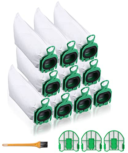Lot de 10 sacs d'aspirateur compatibles avec Vorwerk Kobold VB100 FP100, sacs filtrants de qualité supérieure, avec 3 filtres de protection du moteur et 1 brosse de nettoyage, accessoires de rechange