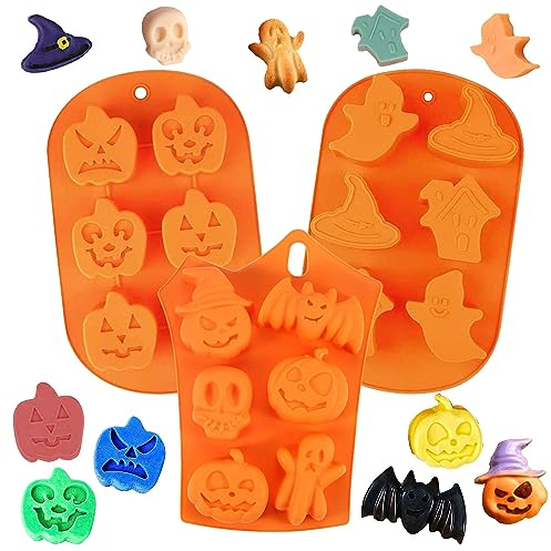 Dafencar Moldes Silicona Halloween, 3pcs Moldes Halloween Silicona, 3D Halloween Moldes, Molde Silicona Halloween para Bricolaje, Gelatina de Cara de Calabaza, Dulces de Calavera (Naranja), LS-S-100