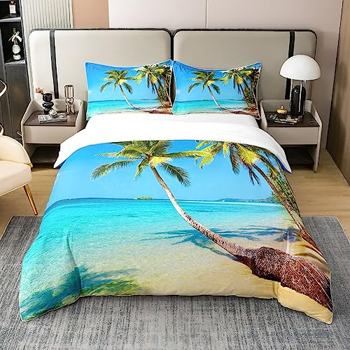 100% Baumwolle Ozean Beach Comforter Cover 135x200,Hawaiin Palm Tree Bettbezug,Sommer Küste Quilt Cover,Tropische Urlaub Stil Bettwäsche Set,Blaue Seewelle Bettbezug mit 1 Kissenbezug Reißverschluss