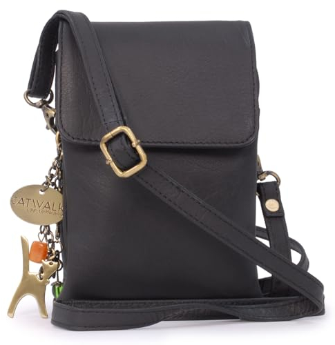 Catwalk Collection Handbags - Petit Sac Bandoulière Femme en Cuir - Pochette Téléphone Portable - Sacoche Avec Bandoulière Réglable - BILLIE - Noir