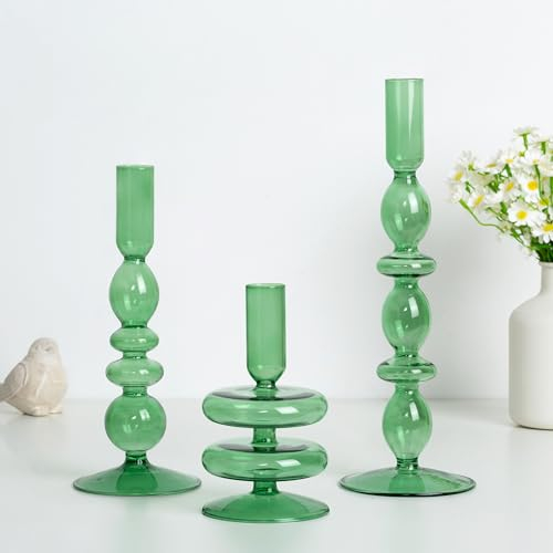 Hewory Glass Candlesticks Candle Holders：3pcs Green Candle Sticks Holder Coloured Bubble Candlestick Holders for Tapered Candles，Decorative Candle Holder for Christmas Table Decoration Home Decor