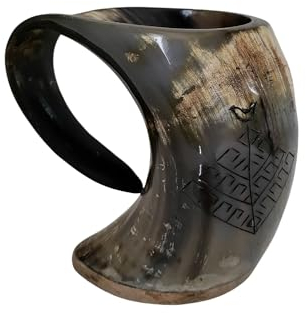 Viking By Heart Real Ox Horn 6-7'' Long, Vikings Drinking Horn Mug with Wooden Base, Engraved with Tree of Life, 20 OZ Capacity, Handcrafted Horn Mug Unique Beer Gifts for Men, Women