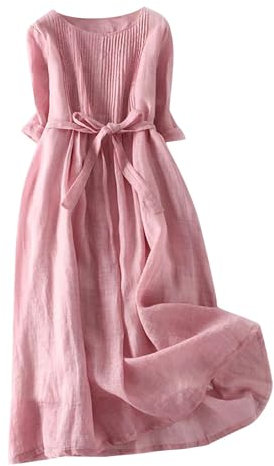 Vintage Linen Dresses for Women UK Cotton Linen Maxi Dresses Lace Up Round Neck Half Sleeve Dress Pleated Boho Beach Holiday Dresses Summer Casual Tunic Dress Elastic Waist Tie Long Dress