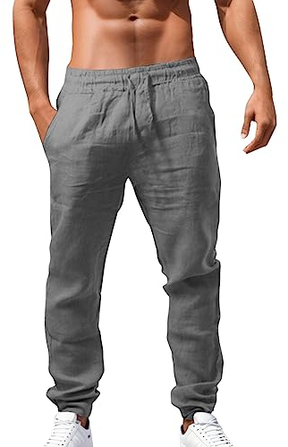 Leinenhosen Herren Lang Strandhose Einfarbig Leicht Sommerhose Loose Fit Bequeme Leinen Hose Casual Freizeithose für Urlaub Strand Alltag Palazzo Hose mit Kordelzug Taschen