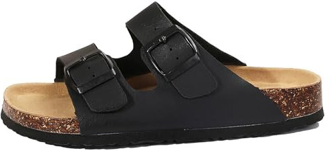 Mesing Sandalias Mules Mujer Hombre Verano Plana Hebilla Punta Abierta Sandalias de Pala Cómodo Piel de Ante Pantuflas de Corcho XZ490-Black-EU42