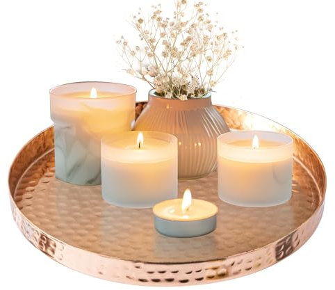 Bandeja de cobre martillado, bandeja decorativa redonda circular para velas, bandeja de tocador de aluminio para joyas, maquillaje y perfume, bandeja de mesa de café para exhibición de alimentos,