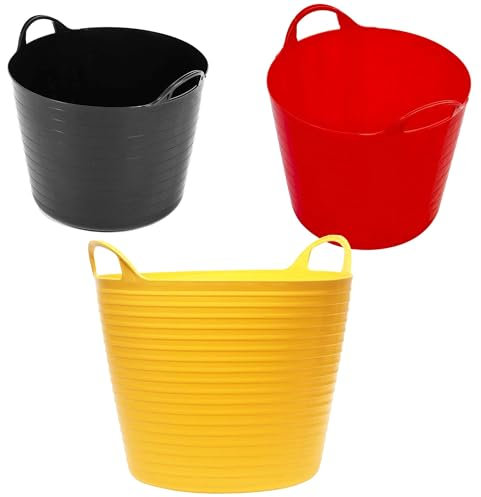 Sets of 3 or 6 Strong Robust 40 Litres Flexible Tubs Mixed Assorted Colours Multi Purpose Garden Storage Container Bucket (Set of 3 (1 X Black, 1 X Red & 1 X Yellow))