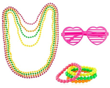 JCUGSBS Kit COS des Années 80 Déguisement 4 Collier 4 Bracelet Perles et 1 Lunettes d’Amour Rose-Rouge