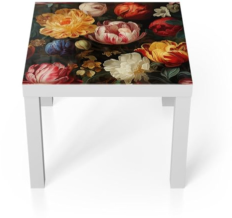DEQORI Glastisch | weiß klein 55x55 cm | Motiv Blütenpracht des Barock | ausgefallener Beistelltisch aus Glas | Hochglanz Couchtisch fürs Wohnzimmer | moderner Couch Tisch mit Design