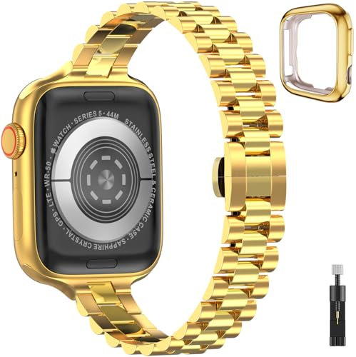 Cinturino stretto compatibile con Apple Watch 9 8 7 6 5 4 3 2 1 Serie SE Cinturini in metallo per iWatch 38mm 40mm 41mm Regolabile in acciaio inox per Apple Watch Band con cassa Donna, Oro