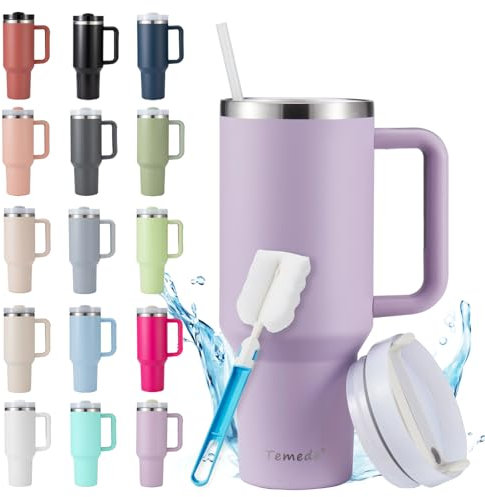 Temede Gobelet isotherme avec paille et anse de 1,2 l, grand gobelet avec couvercle et paille, gobelet à café à emporter, en acier inoxydable, portable, pour boissons chaudes et froides