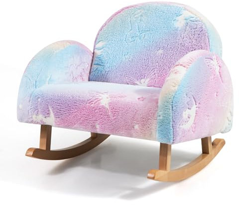 DREAMADE Kindersessel, Kindersofa aus Veloursstoff mit Rückenlehne, massiven Holzfüßen & Kippsicherung, Schaukelstuhl Kinder für Spielzimmer, Kinderzimmer & Wohnzimmer (Bunt)