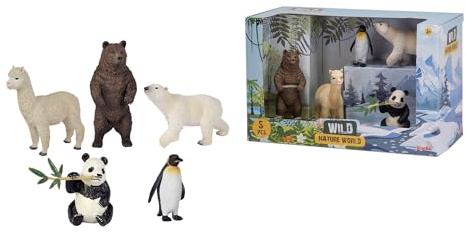 Simba 104343104 Toy Figures, Wild Animals - Set with Wild Animals Toys, Brown Bear, Lama, Panda and Penguin, 6-13 cm, from 3 Years