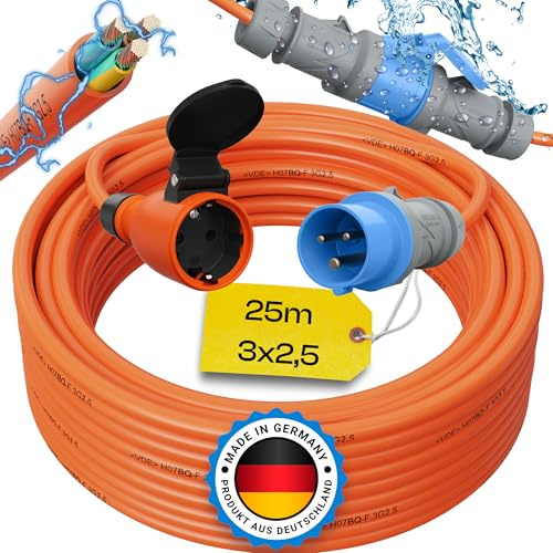 maxgo Camping Adapter CEE auf Schuko – 230V 16A 3x2,5 H07BQ-F Kabel 25m | Robustes H07BQ-F Adapterkabel Made in Germany für Camping, Wohnmobil, Wohnwagen und Boot mit CEE Stecker und Schuko Kupplung