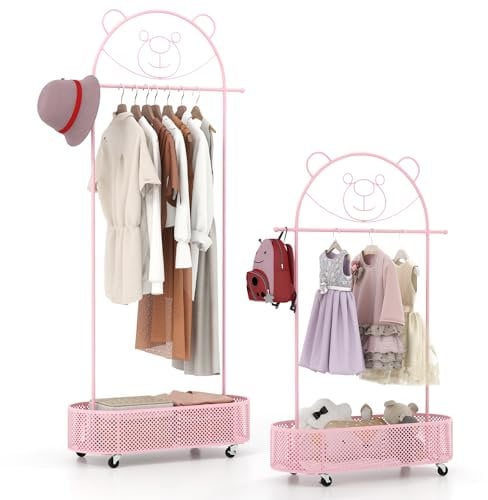 GOPLUS Kindergarderobe, Garderobe Kinder mit Kleiderstange & Ablage, Kleiderständer Kinder mit 3 einstellbaren Höhen & Rollen, Cartoon-Garderobe für Kinderzimmer & Schlafzimmer (Rosa)