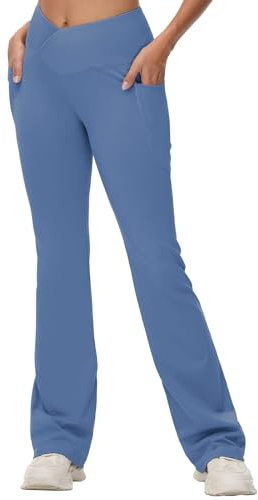 baleaf Women's Tall Flare Leggings 34 Tummy Control Crossover High Waisted Long Bootcut Yoga Pants with Pockets Work Casual Light Blue XXL