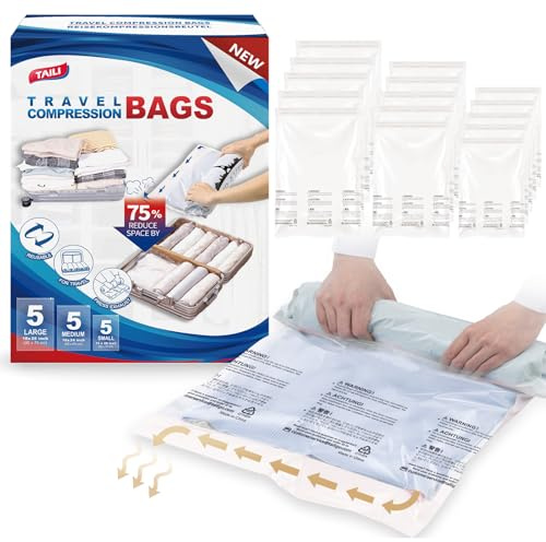 TAILI Vakuumbeutel für Kleidung Reise 15 Stück in 3 Größen 70 x 45 CM, 60 x 40 CM, 50 x 35 CM Vakuumbeutel Set Reise zum Rollen Wiederverwendbar und Leicht zu Tragen Vakuumierbeutel für Rucksack