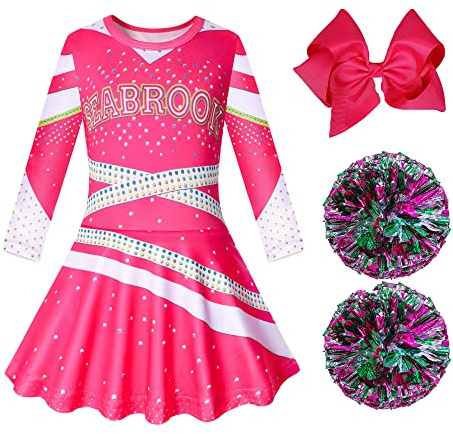 Lspoer Cheerleader Outfit Girls Dresses with Poms Poms Cheerleader Costume for Girls Party Dress up Fancy Pink Dress for 3-12 Years
