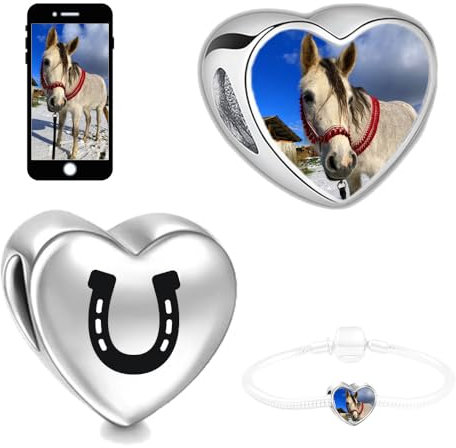 HUFEISEN Personalisiert Schmuck Foto Charm Liebes Herz kompatibel mit Pandora Armband Pferd Fügen Sie Ihr Bild hinzu