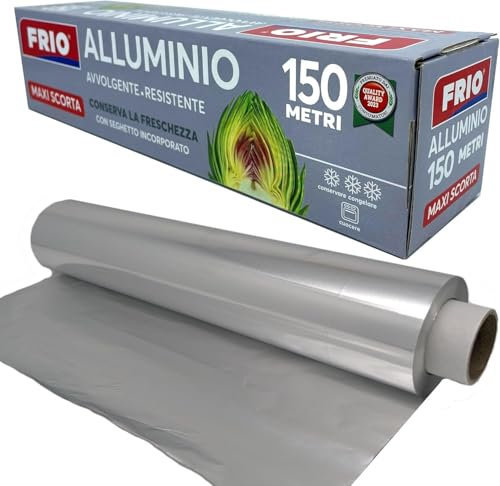 FRIO - Rouleau d'aluminium pour aliments, papier aluminium 150 mètres avec scie intégrée, largeur 29,5 cm pour cuisine professionnelle, papier argenté paquet de stock passe du gel au réfrigérateur au
