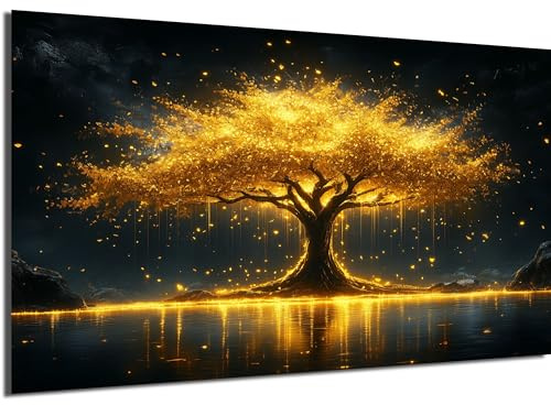 DRO Design Lebensbaum Wandbild 50x70 cm – Modernes Wandbild auf Leinwand, Kunstbild, Deko, Wandkunst, Bildwand, Raumbild, Dekobild, Wandbilder Geschenke Bilder Gold Schwarz