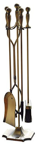 Kaminbesteck-Set aus antikem Messing, 5-teiliges Kaminbesteck-Set mit Ständer aus Schmiedeeisen, inklusive Zange, Schaufel, Bürste, Schürhaken, rustikales Kaminzubehör