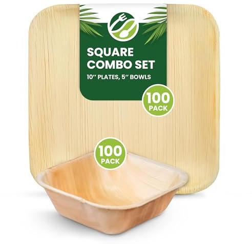 Eco Leaf 200pcs Disposable Palm Leaf Plates and Bowls Combo Set – 100x 10 Square Plates and 100x 5 Square Bowls – Eco-Friendly, Biodegradable, Oven Safe, Durable for Parties and Picnics