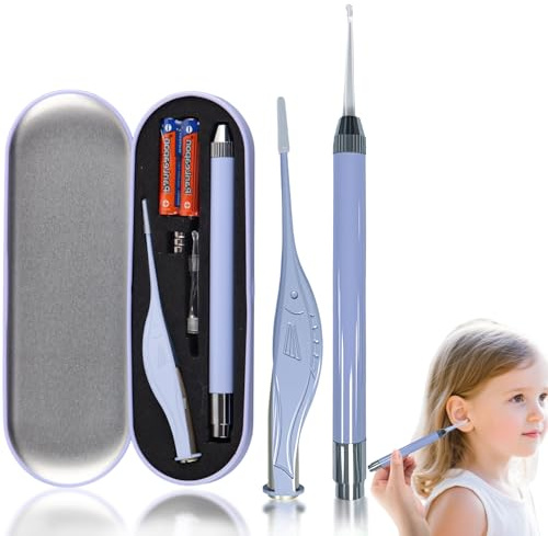 Nettoyant Oreille Fancysky, Cuillère de Nettoyant Oreille Lumineux avec Pince à Épiler Led + Tête de Cure-Oreille, Outil de Nettoyage d'Oreilles adapté Aux Enfants et aux Adultes (Violet)