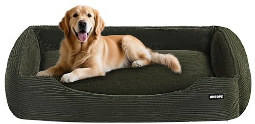 HMTOPE Hundebett Grosse Hunde XL, Abnehmbar Bezug, 110x85cm, Olivgrün | Hundesofa mit erhöhte Ränder, Weich Atmungsaktiv Hundekorb, Waschbar Hundekissen aus Cord, Rutschfest