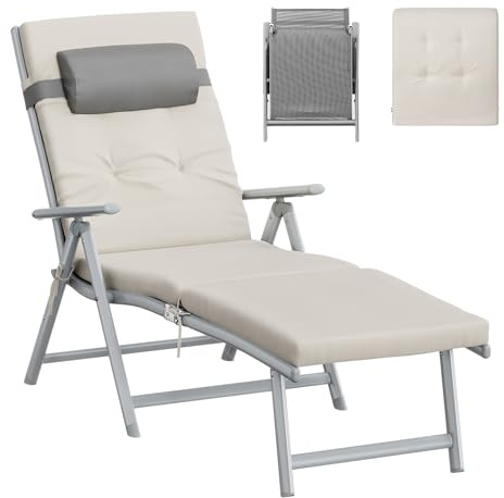 SONGMICS Lettino Prendisole, Pieghevole, Sedia a Sdraio con Materassino da 6 cm, Poggiatesta Rimovibile, Traspirante, Schienale Regolabile, Portata Fino a 150 kg, Beige Sabbia GCB024WZ02