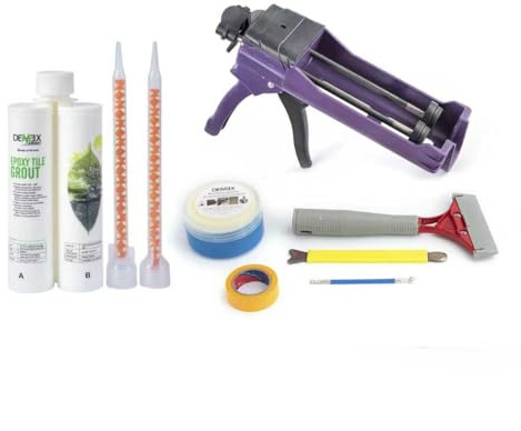 Epoxid-Fugenmörtel und Werkzeuge für Fliesen und Stein, wasserfest, flecken-, schimmel-, riss- und chemikalienbeständig, gebrauchsfertig, einfach anzuwenden (Warmes Grau, Sanded)