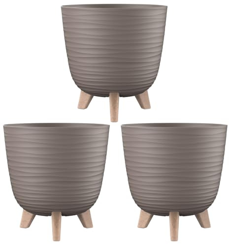 Engelland - 3 x Blumentopf mit Füßen & Bewässerungssystem, Braun, Ø 28 cm, Pflanzkübel, Übertopf, Wellenmuster, Innen- & Außenbereich, Drainagesystem & Wasserspeicher, rund, Kunststoff