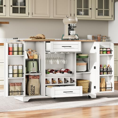 Juabett küchenwagen mit klappbarer Arbeitsplatte, Kücheninselwagan auf Rollen,Servierwagen Küche, 120x45-70x92cm Esswagen Küchentrolley mit Schubladen,Weinregal,Glashalter,Gewürzregal &Handtuchhalter