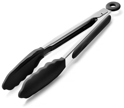 Doosu Silicone Kitchen Cooking Tong, 315℃ Heat Resistant, 23cm, Black | Rubber Tipped, Non Scratch with Locking, Non Slip Grip, Heavy Duty Utensil, for Pasta Steak Spaghetti Serving Camping Buffet