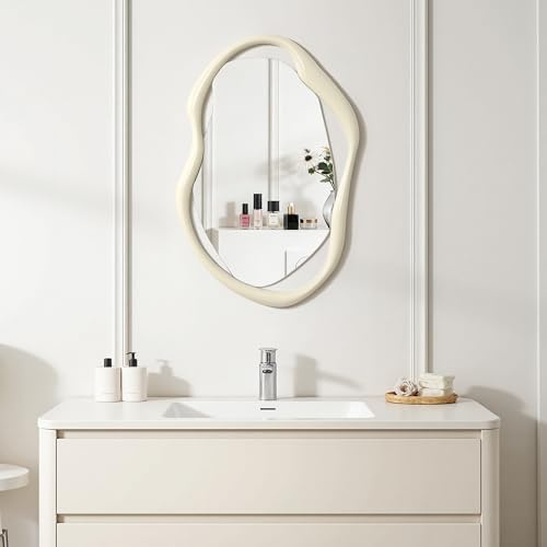 Hometopia Asymmetrischer Spiegel Weiß 75x50cm Dekospiegel mit Holzrahmen | Wandmontierter Badspiegel, Unregelmäßiger Organischer Dekorative Wandspiegel für Flur Bad Badezimmer Schlafzimmer Wohnzimmer