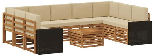 vidaXL Sofagarnituren 10 pcs Natur und Beige Massivholz Akazie, Gartenmöbel, modernes Outdoor-Sofa, gemütliche Sitzgruppe für Terrasse und Lounge, langlebig und bequem