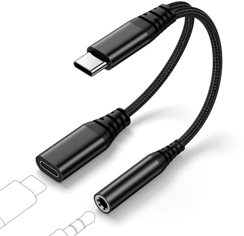 USB C to 3.5mm Jack and Charger Adapter 2-IN-1 Type C Aux Headphone Splitter Compatible with Samsung Galaxy, iPhone 15/16/17 Series iPad Pro/Air/Mini/10th/11th