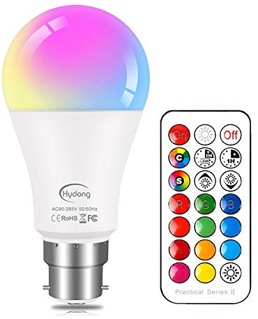 HYDONG Colour Changing Bulb B22 10W Dimmable, RGBW LED Light Bulbs Mood Lighting with 21key Remote Control,Dual Memory Function,12 Color Choices for Home Dec